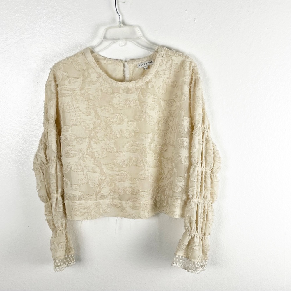 MOON RIVER Cream Crop Raised Polka Dots Lace Trim Sheer Long Sleeves Top Small